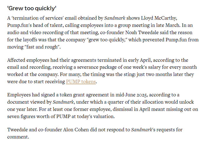 This image shows an excerpt from a Sandmark report detailing how Pump.fun laid off employees in early April, just two months before their PUMP token vesting date. The article highlights the coincidence of the timing, as employees were due to receive PUMP tokens shortly after their termination.
