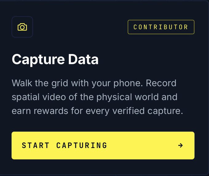 A dark app interface titled 'Capture Data' with a yellow 'CONTRIBUTOR' badge, instructing users to 'Walk the grid with your phone' and earn rewards, featuring a 'START CAPTURING' button.