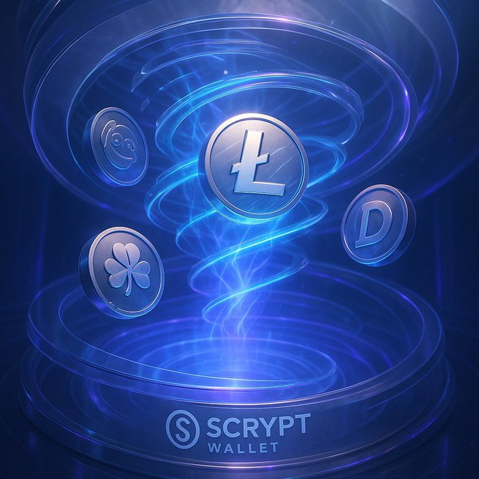 A digital artwork for 'Scrypt Wallet' showing a glowing Litecoin (Ł) coin surrounded by swirling blue energy and other crypto coins.