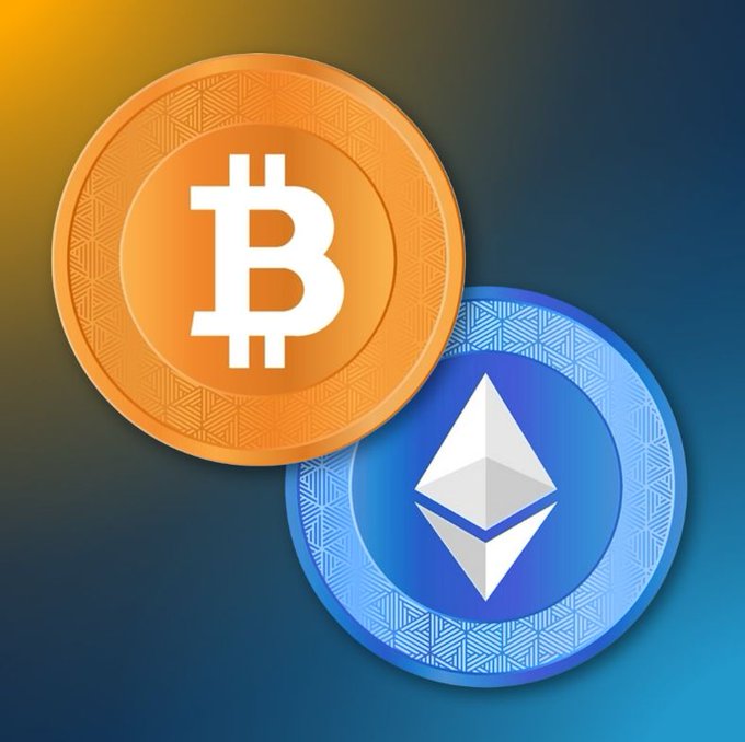 Digital illustration of two cryptocurrency coins: an orange Bitcoin (BTC) coin and a blue Ethereum (ETH) coin on a gradient background.