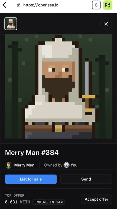 An OpenSea NFT listing page showing a pixel-art character called "Merry Man #384" from the Merry Men collection, owned by the user, with a top offer of 0.031 WETH and 14 minutes remaining.