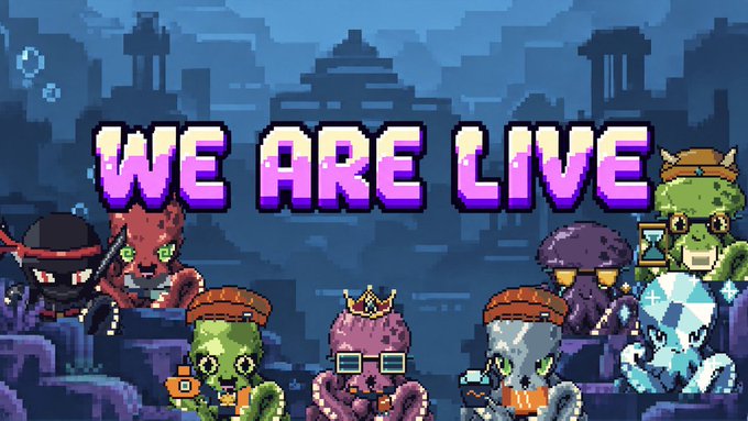 Pixel art illustration with the text 'WE ARE LIVE' surrounded by various cartoon characters including ninjas, aliens, and an octopus underwater.