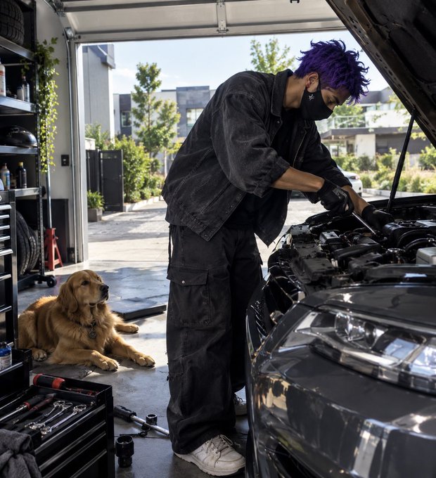 A purple-haired mechanic wearing a black mask and work clothes working on a car engine in a garage, accompanied by a golden retriever dog lying nearby.