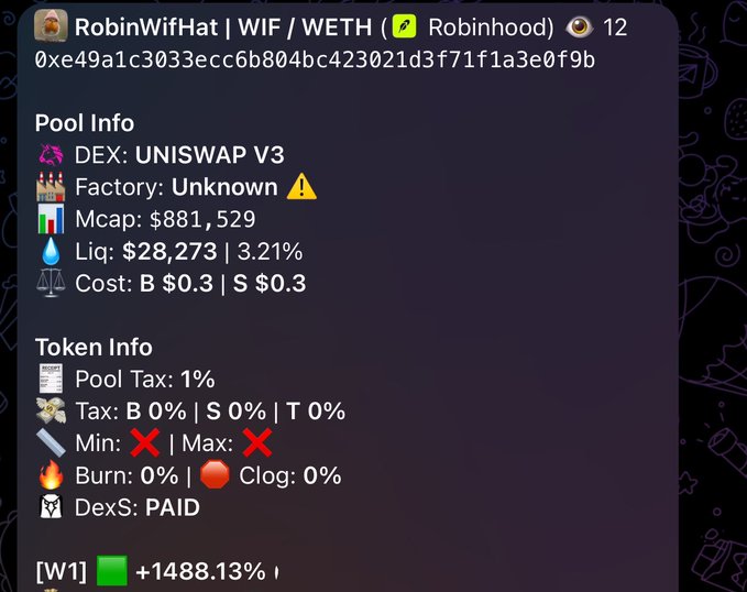 A Discord screenshot displays token information for "RobinWifHat | WIF / WETH" on Uniswap V3, showing a market cap of $881,529, liquidity of $28,273, and a 1% pool tax, with the post referencing "crypto_czar_eth" in connection to the token.