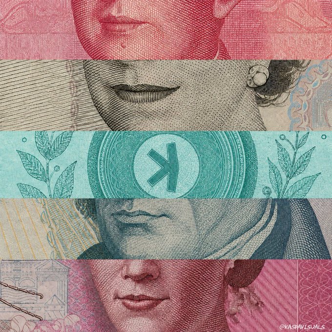 A visually striking image featuring horizontal bands of red, black, teal, blue, and pink overlaid on a banknote-style illustration of a man's face, with a central teal band displaying a circular emblem containing the letter "K"—symbolizing Kaspa's cryptocurrency identity and its rise as a notable Proof of Work alternative to Bitcoin. The watermark "@KASPAVISUALS" appears in the bottom right corner, reinforcing the post's emphasis on growing institutional awareness of Kaspa.