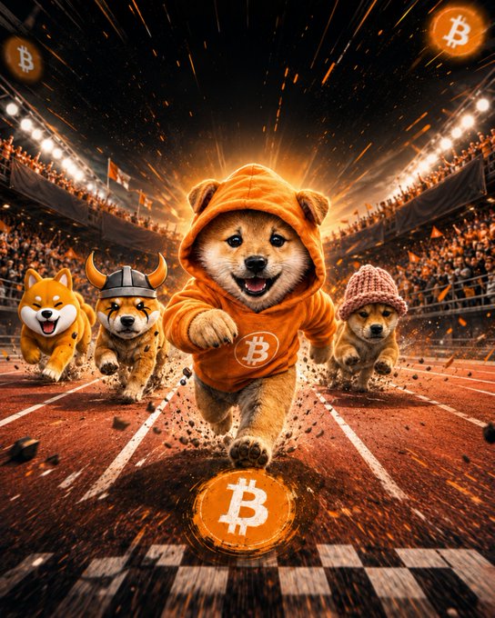 An AI-generated illustration showing Shiba Inu dogs wearing Bitcoin-themed hoodies racing on a track, with Bitcoin logos and coins scattered throughout the stadium scene.