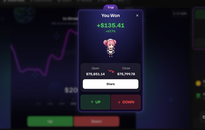 A screenshot of a mobile app screen displaying a girl's account balance, which is $1.35 and 4 cents, with an exchange of $1.34 and 4 cents, and it appears that she has won money. The app allows users to trade foreign currency by connecting through a messaging service.