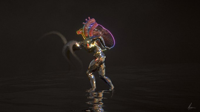 A surreal 3D render of a humanoid figure with a glowing neon, anatomical heart-shaped head, standing on a reflective dark surface with wisps of smoke.