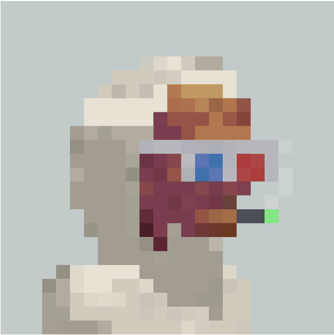 A low-resolution pixel art portrait depicts a figure in profile wearing large, blocky sunglasses with red, white, and blue colors, set against a light gray background.