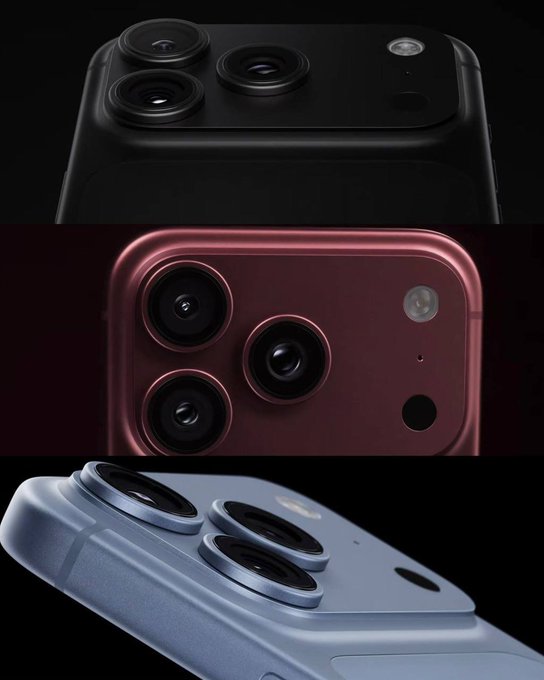 A triptych of three smartphones (in black, deep red, and light blue/silver) showcasing rear camera module designs with triple-lens arrays. The post appears to be a giveaway scam using iPhone imagery and fake engagement tactics to lure users with promises of cash prizes.