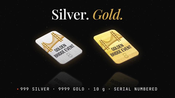 A promotional image for 'Silver. Gold.' commemorative ingots featuring Golden Bridge Event designs, marked as .999 silver and .9999 gold, 10g and serial numbered.