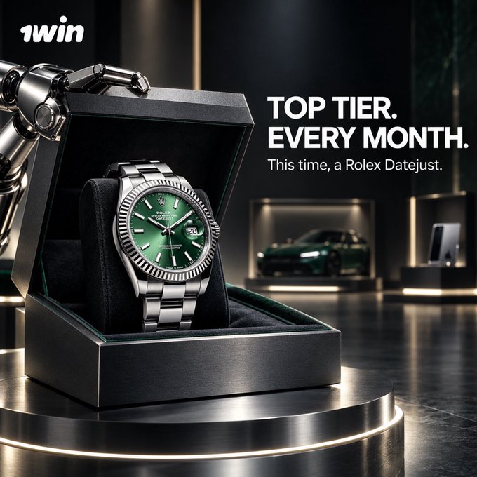 A promotional advertisement for 1win features a luxury Rolex Datejust watch with a green dial displayed in an open box, with the text "TOP TIER. EVERY MONTH. This time, a Rolex Datejust." and a luxury car visible in the background.