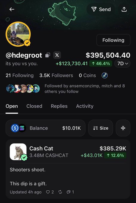 This image shows a trading profile for @hdegroott displaying a portfolio value of $395,504.40 (+$123,730.41 or 46.4% in 7D), featuring an open position in "Cash Cat" ($CASHCAT) valued at $385.29K (+$43.01K, +12.6%) with the description "Shooters shoot. This dip is a gift." The screenshot supports the post by visually confirming the trader's substantial $CASHCAT holdings now exceeding $385,000, matching the caption's claim about his growing position.
