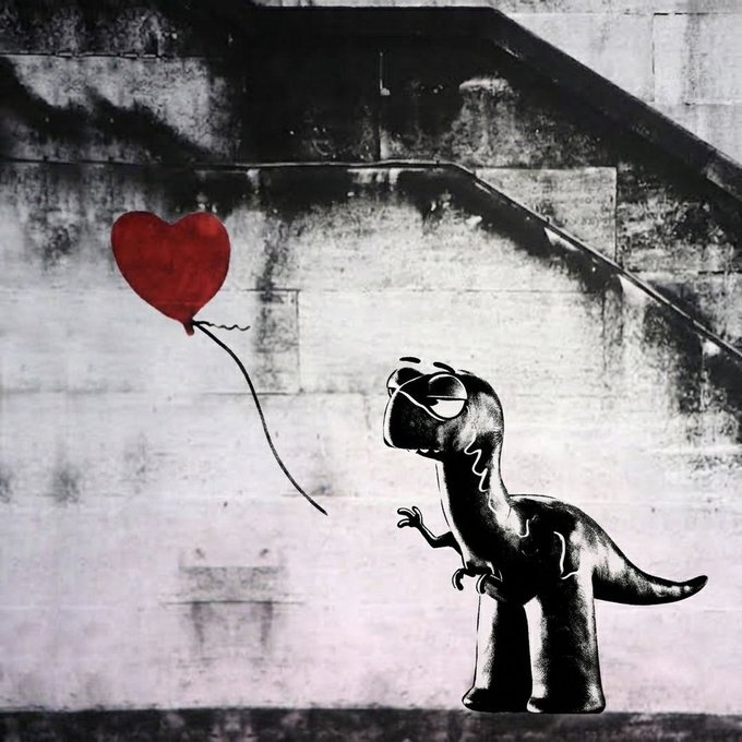 A stencil-style street art mural on a concrete wall depicting a black dinosaur-like creature holding a red heart-shaped balloon, reminiscent of Banksy's work.