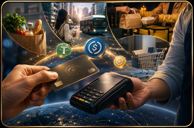 A promotional graphic depicting hands exchanging a credit card and a payment terminal, surrounded by cryptocurrency icons, a shopping cart, and scenes of urban transit and grocery shopping.