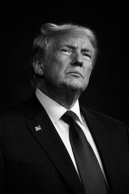 A black and white portrait shows Donald Trump in a suit and tie with an American flag lapel pin. The image relates to the post by depicting the individual mentioned in the text about his alleged cryptocurrency earnings.