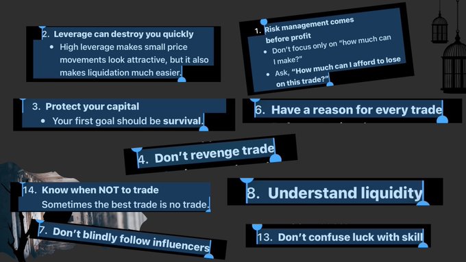 A collage of blue informational cards displays trading advice from ChatGPT, featuring tips like "Risk management comes before profit," "Leverage can destroy you quickly," "Don't revenge trade," "Understand liquidity," and "Know when NOT to trade," set against a dark background with birdcage imagery. The post shares these AI-generated trading principles as guidance for becoming a successful crypto (memecoin/perps) trader.