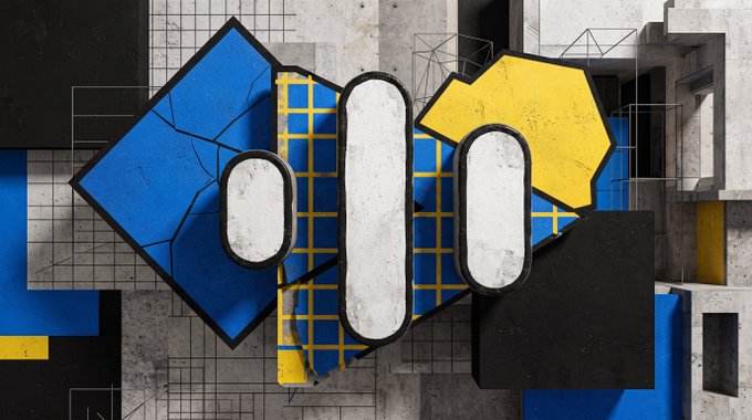 An abstract graphic composition with bold blue and yellow geometric shapes layered over concrete and grid patterns.