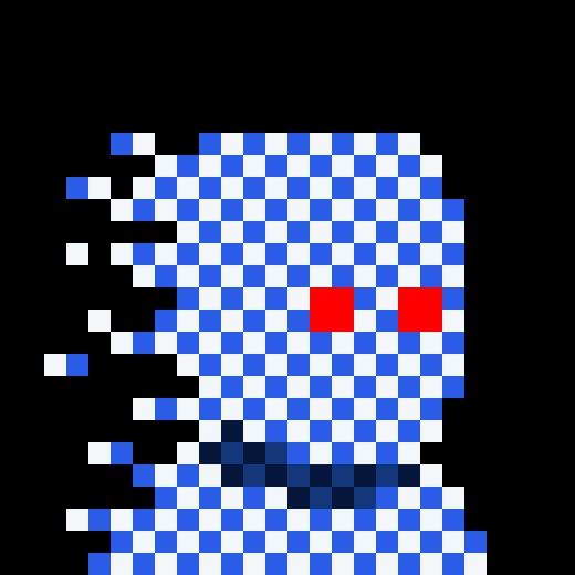 A pixel art glitch-effect portrait featuring a blue and white checkered pattern face with red eyes and dark blue mouth area, with scattered pixels trailing off to the left against a black background.