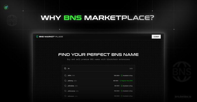 The image shows a website called "Why BNS Marketplace?" with a black background, white text, and green accents. The main focus of the image is an advertisement for the marketplace, which offers various features such as buying premium names, selling owned identities, trading BNS names, discovering rare names, and listing private digital identities for sale or trade.