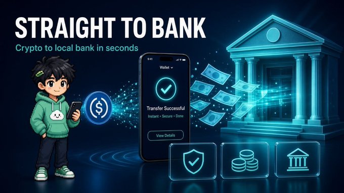 A digital advertisement reading 'STRAIGHT TO BANK' and 'Crypto to local bank in seconds', featuring a cartoon character, a phone showing a successful transfer, and a glowing bank building.