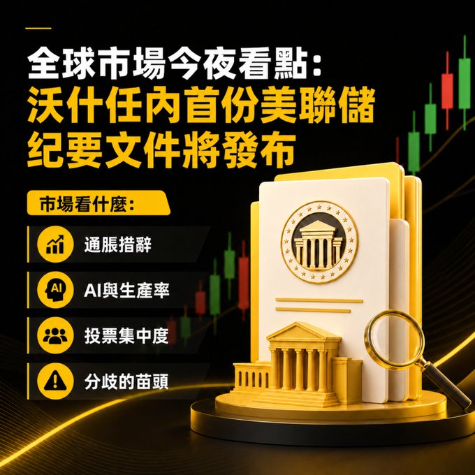A financial graphic with Chinese text reading '全球市場今夜看點:沃什任內首份美聯儲紀要文件將發佈' highlighting topics including inflation, AI, voting concentration, and divergence, alongside Federal Reserve imagery and candlestick charts.