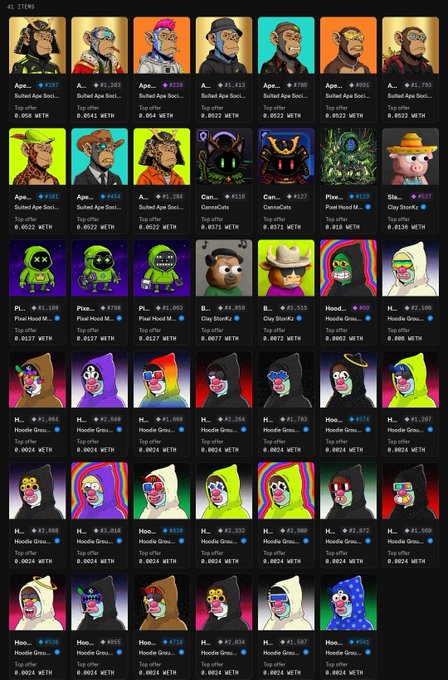 A gallery of NFTs displays various digital collectibles including "Bullish Ape Society," "CryptoClans," "PixelHead," "Clay Society," and numerous "Hoodie Grrrs," with prices ranging from 0.0022 ETH to 0.0545 ETH, supporting the bullish sentiment on Robinhood's NFT marketplace.