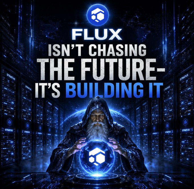 The image features a man dressed as a wizard, holding a crystal ball with a blue glow. The background of the image is filled with servers and data centers, suggesting that this scene takes place within a server farm or a technology hub. The caption above the image reads "The future won't run on hype. It will run on compute. It will run on infrastructure. It will run on decentralization. It will run on Flux. @RunOnFlux @cypherpunkX". This implies that the man in the image is promoting a futuristic vision of technology and computing, emphasizing the importance of innovation and progress in the digital age.