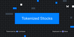 A digital screen displays "Tokenized Stocks" in a blue rectangular button with a glitchy, pixelated visual effect on a dark background.