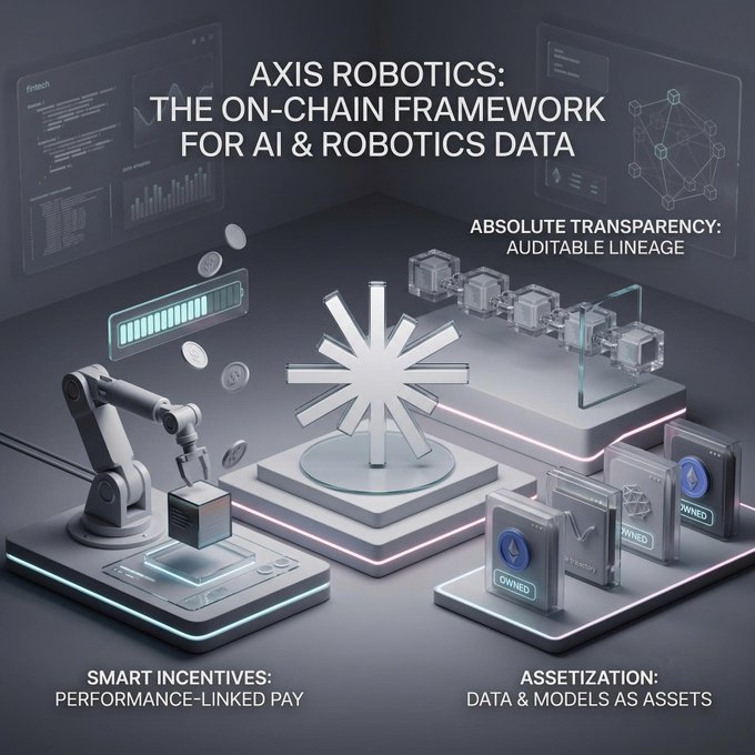 A stylized 3D render titled "AXIS ROBOTICS: THE ON-CHAIN FRAMEWORK FOR AI & ROBOTICS DATA," depicting a robotic arm interacting with a glowing central data hub, alongside "OWNED" tokens, blockchain blocks, and dashboards, with three labeled pillars: "ABSOLUTE TRANSPARENCY: AUDITABLE LINEAGE," "SMART INCENTIVES: PERFORMANCE-LINKED PAY," and "ASSETIZATION: DATA & MODELS AS ASSETS." The visual reinforces the post's message by illustrating how Axis Robotics uses blockchain infrastructure to coordinate decentralized physical data collection, ensuring transparent lineage and performance-based rewards for contributors building AI training datasets.