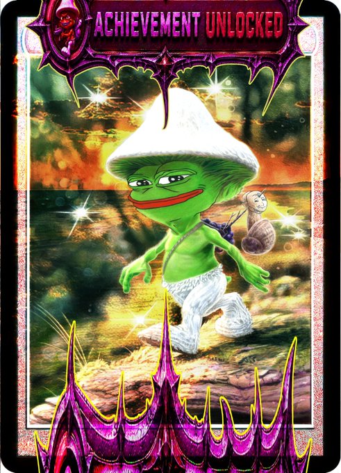 A holographic-style trading card reading "ACHIEVEMENT UNLOCKED" featuring Pepe the Frog wearing a white pointed hat, walking with a snail on his back against a fiery forest background.