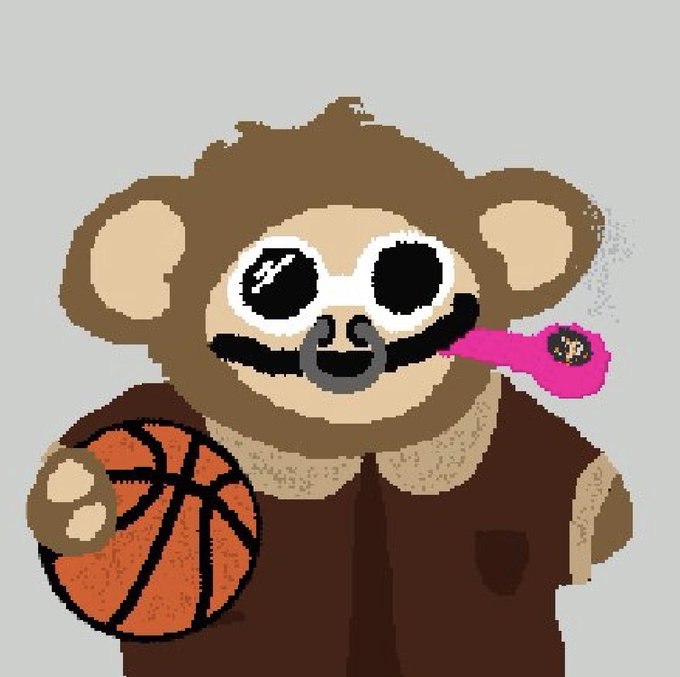 A pixel art illustration of a brown monkey wearing sunglasses and a brown shirt, holding a basketball in one hand and a pink object with 'P2P' in its mouth.