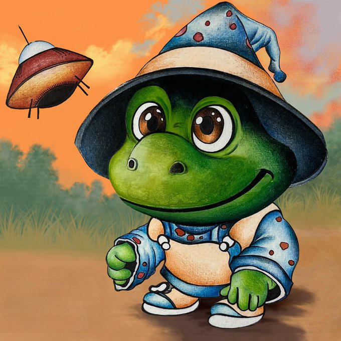 A whimsical illustration of a green cartoon turtle character wearing a blue and white outfit with red spots and a large pointed wizard hat, smiling next to a flying saucer against an orange sky.