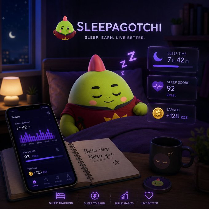 The image is a promotional graphic for "Sleepagotchi - Sleep. Earn. Live Better," featuring a green, pear-shaped mascot in pajamas sleeping in bed, with a phone displaying sleep tracking stats (7h 42m duration, 92 quality score, +128 ZZZ earned), a notebook reading "Better sleep, Better you," and a sleepy mug. It visually reinforces the post's point by illustrating how the app gamifies sleep with cute design and token rewards (+128 ZZZ), highlighting the engaging "sleep to earn" experience that keeps users returning well past day 30.