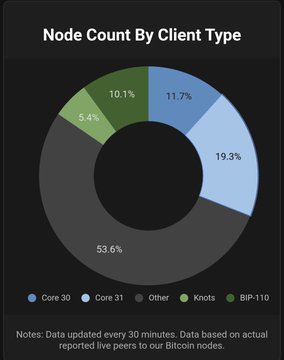 Pie chart titled 'Node Count By Client Type' showing Bitcoin node distribution: Core 30 at 53.6%, Core 31 at 19.3%, Other at 11.7%, Knots at 10.1%, and BIP-110 at 5.4%.