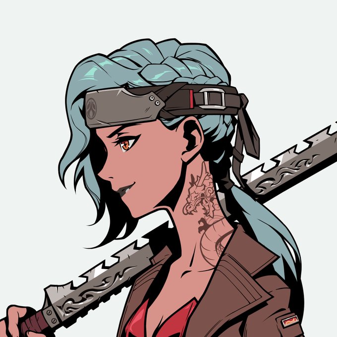 An anime-style illustration of a woman with teal braided hair, an orange eye, and a large sword strapped to her back.