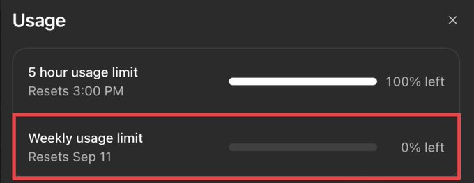 A "Usage" screen highlights a depleted "Weekly usage limit" (0% left, reseting Sep 11) with a red box, alongside a 5 hour usage limit at 100%.