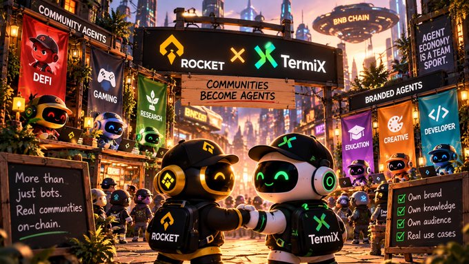 A vibrant digital illustration promotes a partnership between "ROCKET" and "Termix" with the central slogan "COMMUNITIES BECOME AGENTS" and surrounding banners labeling various sectors like "DEFI", "GAMING", and "EDUCATION".