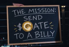 A chalkboard-style sign reading 'THE MISSION: SEND $ OATS TO A BILLY' with a gold coin or medallion replacing the 'O' in oats.