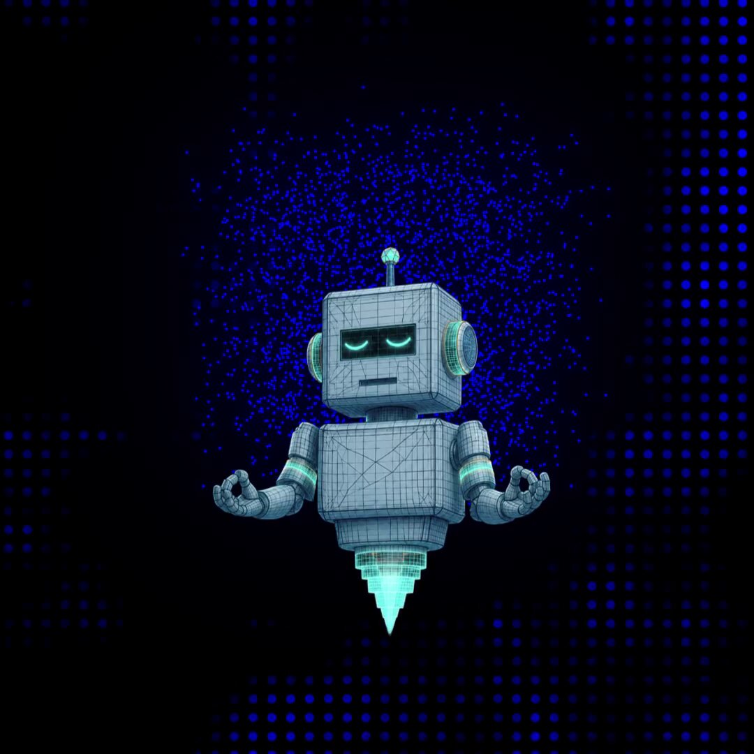 The image features a robot with its arms crossed and eyes closed, giving off an impression of relaxation or meditation. The robot appears to be floating in mid-air against a black background adorned with blue dots. In the corner of the image, there is text that reads "Every agent on base MCP can now buy whatever service it needs and settle it on-chain through one connection", which seems to be related to the post about Litebeam. The robot's position in the center of the image draws attention to its presence and adds a sense of balance to the overall composition.