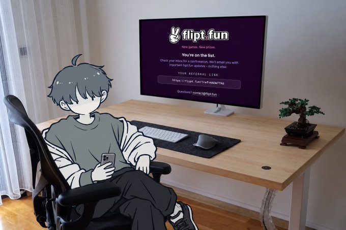 An anime-style character sits in a chair at a wooden desk with a monitor displaying a 'flipt.fun' website inviting users to the waitlist.