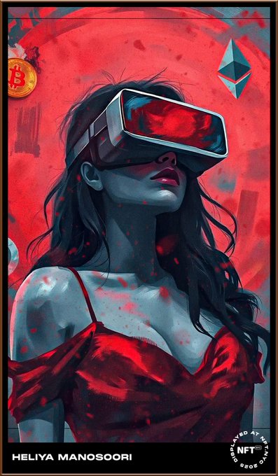 A digital NFT artwork by Heliya Manosoori featuring a woman wearing a red VR headset, with Bitcoin and Ethereum logos visible in the composition, part of a 'Powered by Art to Proof' collection.
