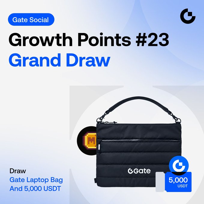 Promotional graphic for "Gate Social Growth Points #23 Grand Draw," featuring a black Gate-branded laptop bag and a $5,000 USDT prize, with text directing users to complete social tasks on Gate.com to earn points and win rewards.