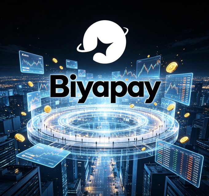 A promotional graphic for 'Biyapay' featuring a glowing planet logo above a futuristic digital trading platform with charts, floating coins, and a circular illuminated arena against a city skyline.