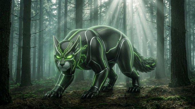 A futuristic, mechanical wolf-like creature with glowing green eyes and circuit-like patterns stands in a misty forest illuminated by beams of sunlight.