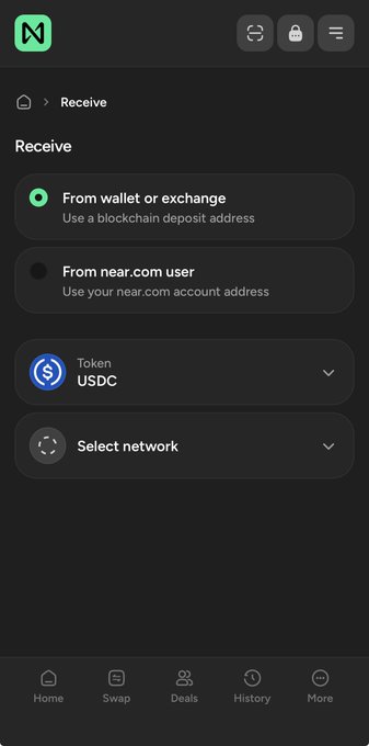 iphone screen displaying a black background, green and white text, and icons for receiving, exchanging, and selecting network options.