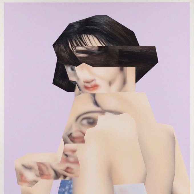 The image features a collage of two photos, one of a woman with black hair wearing a hat and another of her face. The collage includes a purple background that contrasts with the white frame surrounding the images. The woman's face appears to be cut in half or distorted into an abstract shape, giving it a surreal appearance. The image is accompanied by a caption that reads "cold call by @manta_timing released on @objktcom".