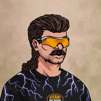 An illustrated portrait of a man with a mullet, mustache, and orange ski goggles, wearing a black shirt with a purple lightning bolt pattern and a 'Steady Built & Designed' logo.