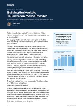 A page from a Kamino report titled 'Building the Markets Tokenization Makes Possible' discussing how tokenization expands investment opportunities and market infrastructure, mentioning a partnership with Michael Silberberg from T. Rowe Price.