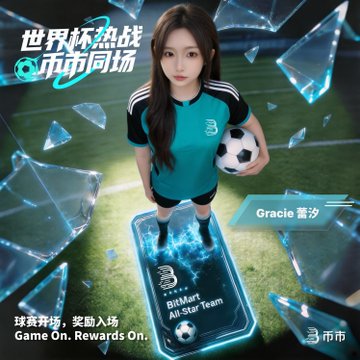 The image features a girl wearing a blue soccer uniform standing on a green grassy field, holding a soccer ball. The background of the image includes a lot of glass pieces scattered around her, creating an interesting visual effect. The text "bitmart.com/zh-CN/activity" is also present in the image.